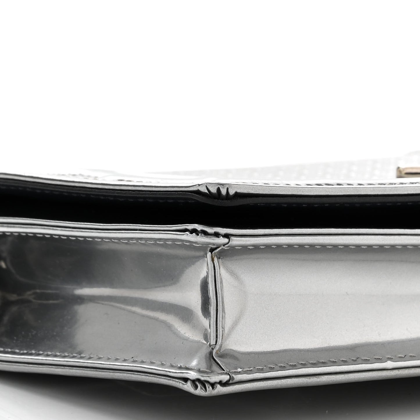 Metallic Patent Micro-Cannage Diorama Wallet on Chain Pouch Silver