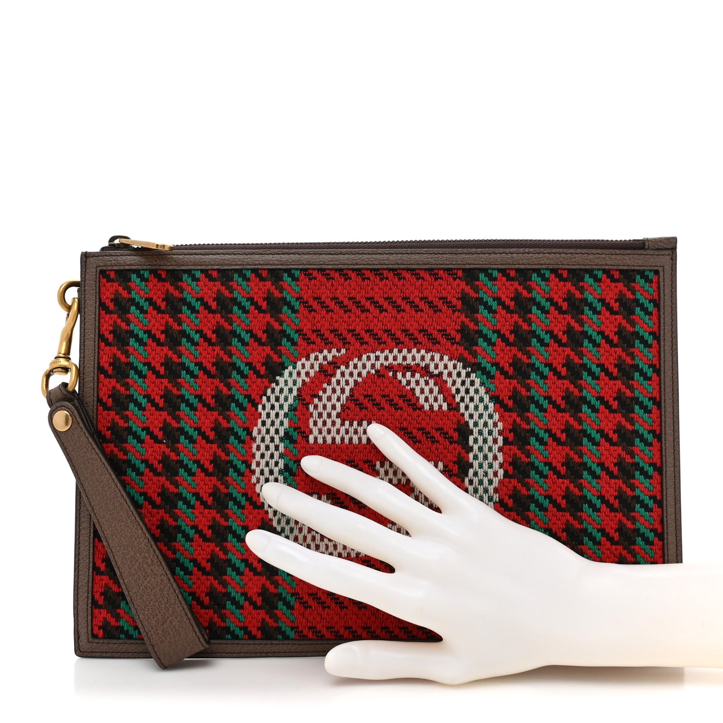 Wool Textured Calfskin Houndstooth Woven Zip Wristlet Pouch Red Green Ivory Multicolor New Acero
