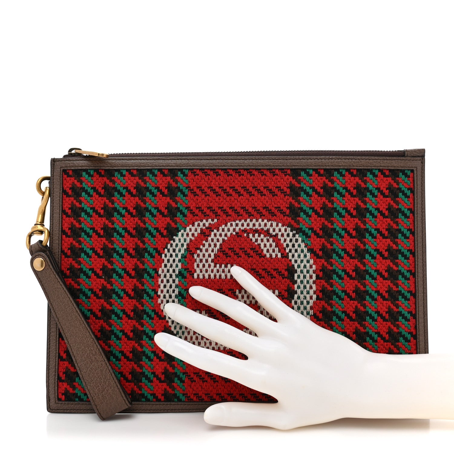 Gucci Wool Textured Calfskin Houndstooth Woven Zip Wristlet Pouch Red Green Ivory Multicolor New Acero 2 of 9