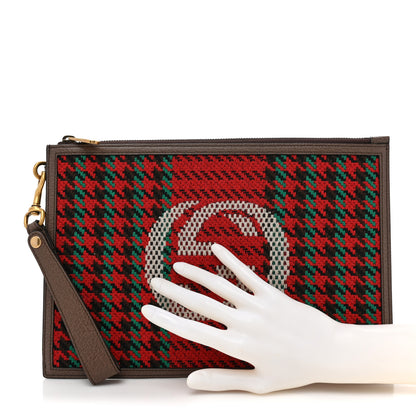 Gucci Wool Textured Calfskin Houndstooth Woven Zip Wristlet Pouch Red Green Ivory Multicolor New Acero 2 of 9