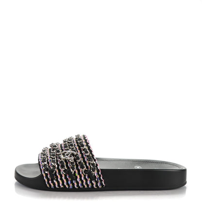 Chanel Tweed Lambskin Chain Flat Sandals 37 Black Multicolor 1 of 9