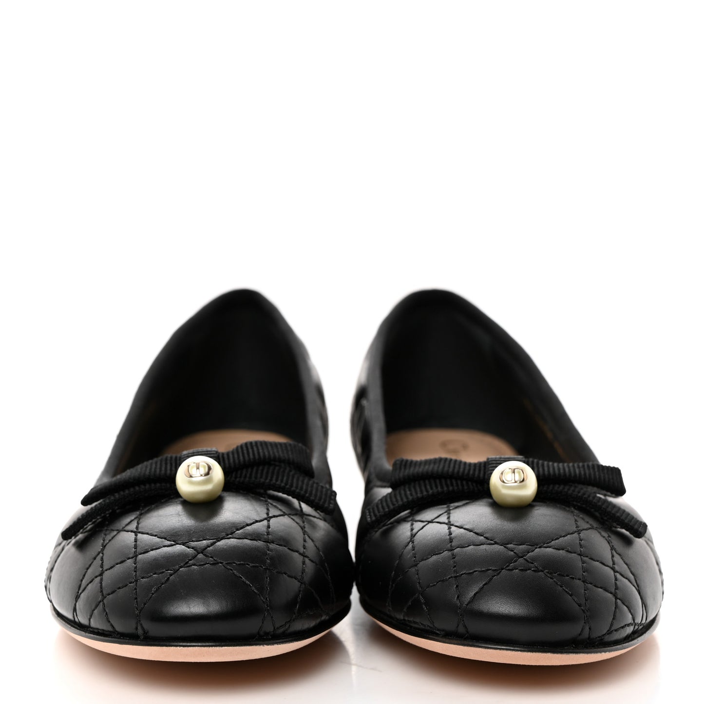 Calfskin Cannage Pearl Bow Ballet Flats 37.5 Black
