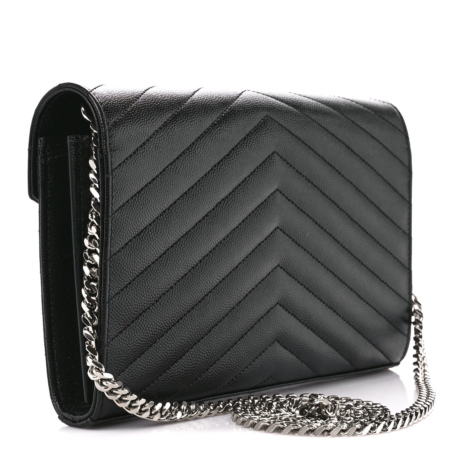 Saint Laurent Grain De Poudre Matelasse Chevron Monogram Chain Wallet Black 3 of 11