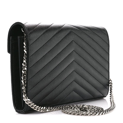 Saint Laurent Grain De Poudre Matelasse Chevron Monogram Chain Wallet Black 3 of 11