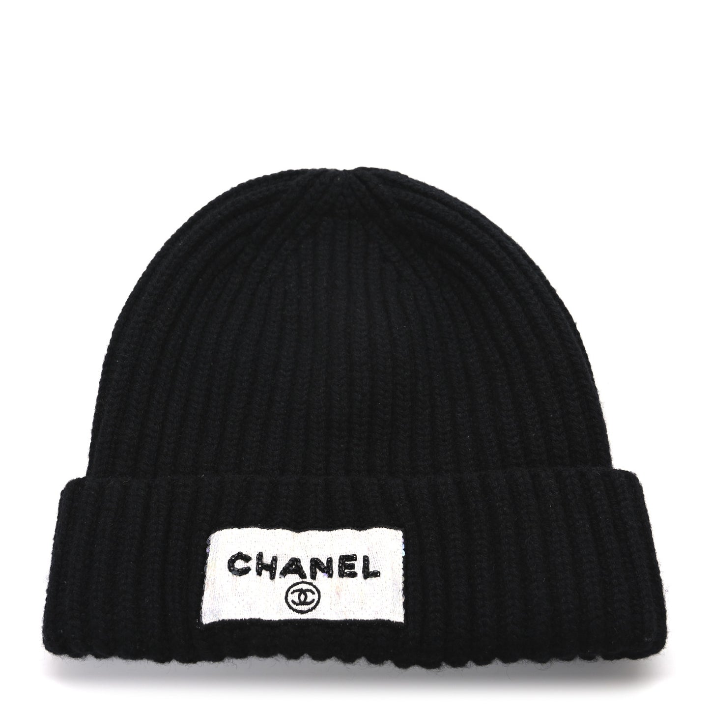 Cashmere Beaded Sequin Logo Beanie Hat Black