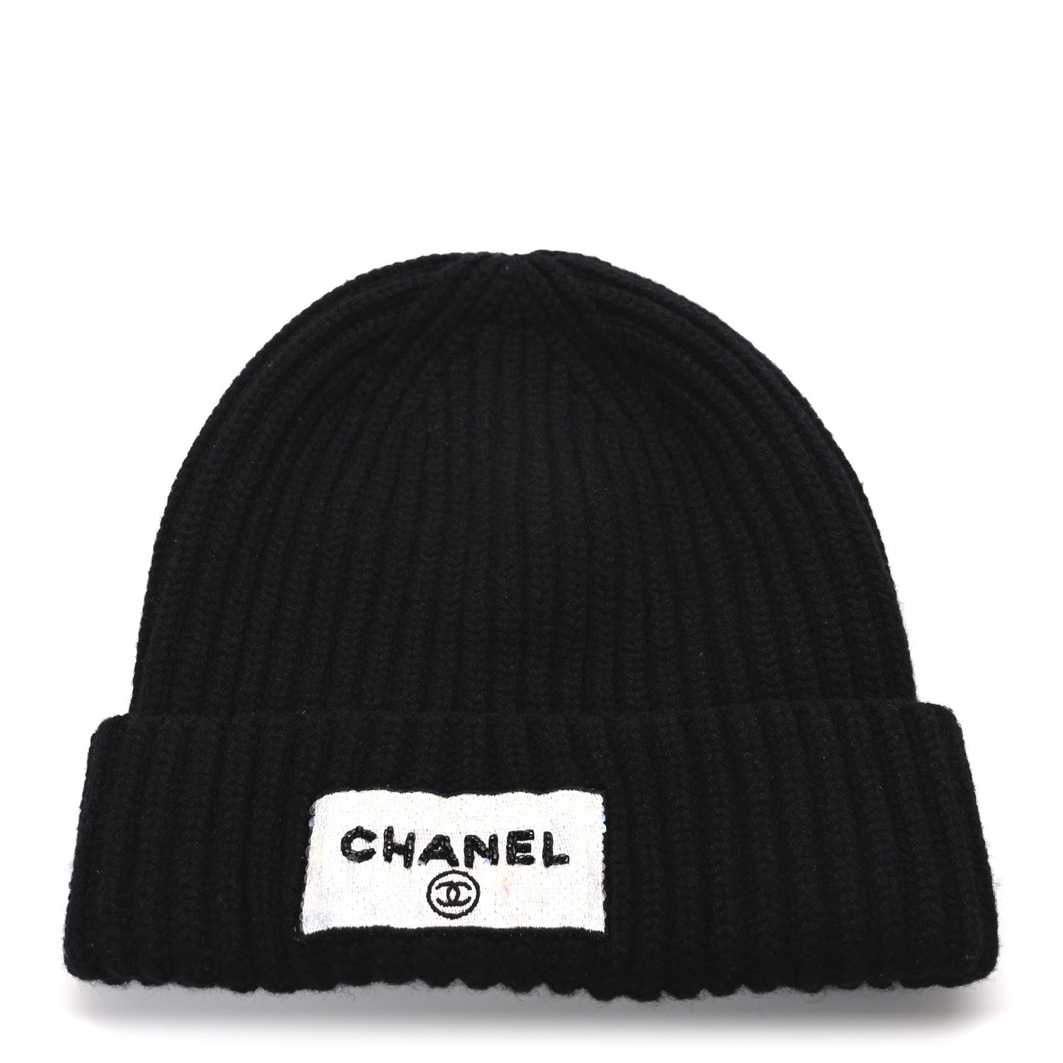 Chanel Cashmere Beaded Sequin Logo Beanie Hat Black 1 of 5