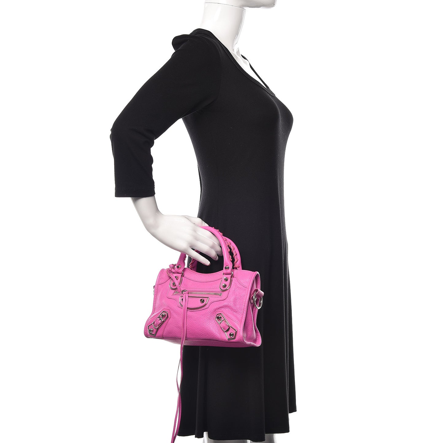 Chevre Silver Metallic Edge Hardware Mini City Rose Fluo