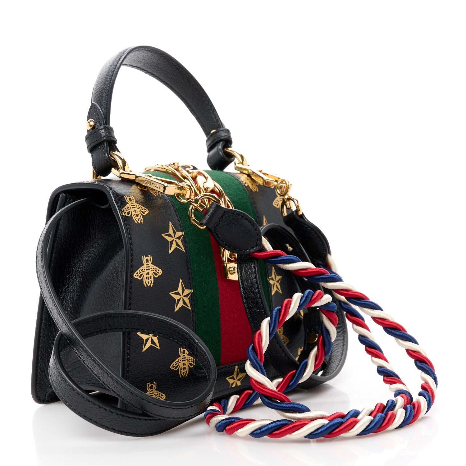 Gucci Textured Calfskin Bee Star Print Mini Sylvie Top Handle Bag Black 3 of 12