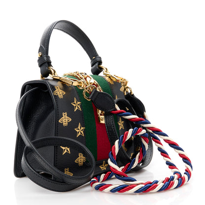 Gucci Textured Calfskin Bee Star Print Mini Sylvie Top Handle Bag Black 3 of 12