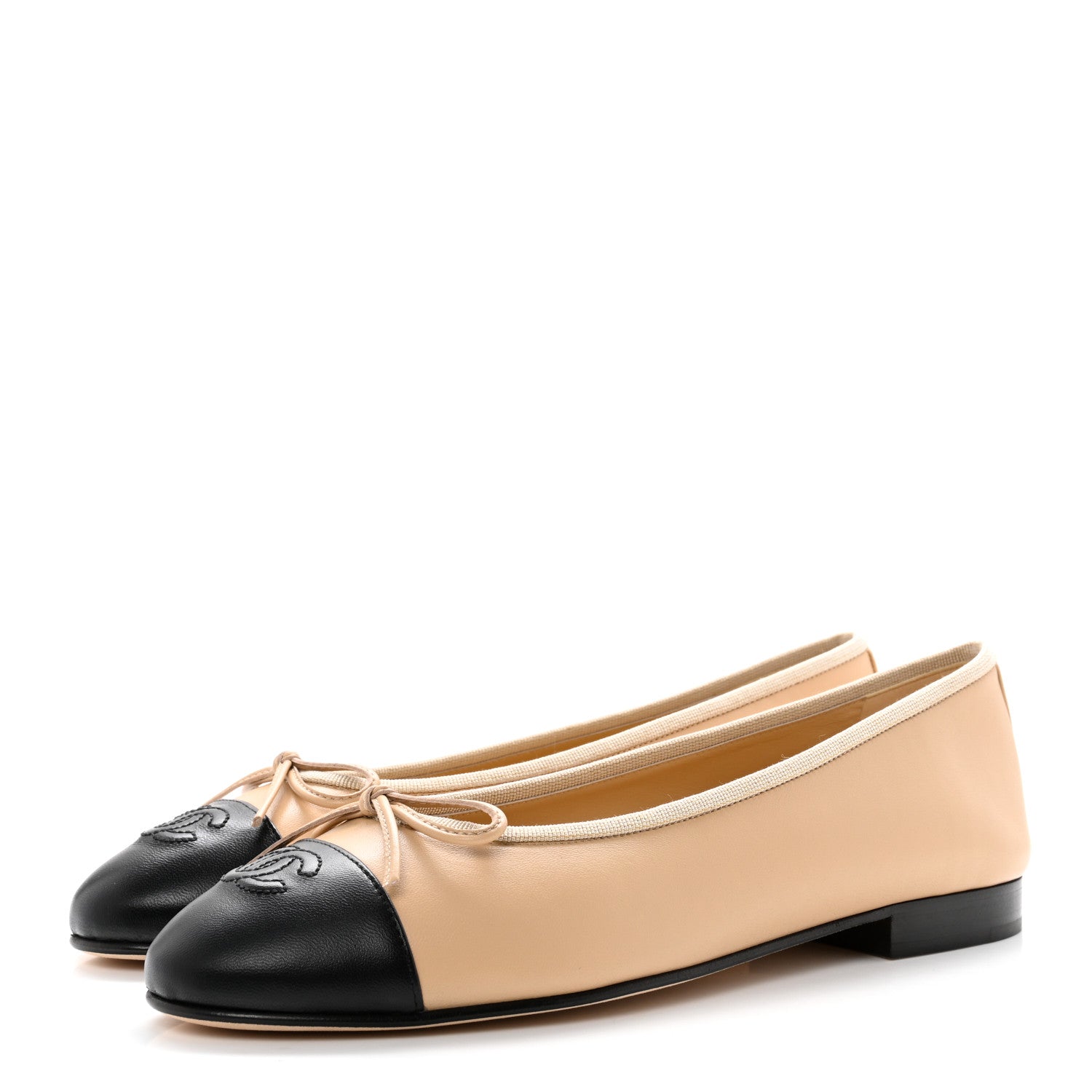 Chanel Lambskin Cap Toe Ballerina Flats 38.5 Beige Black 3 of 8