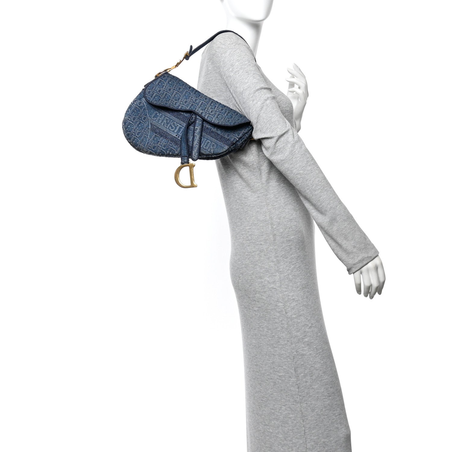 Christian Dior Oblique Embroidered Saddle Bag Denim Blue 2 of 15
