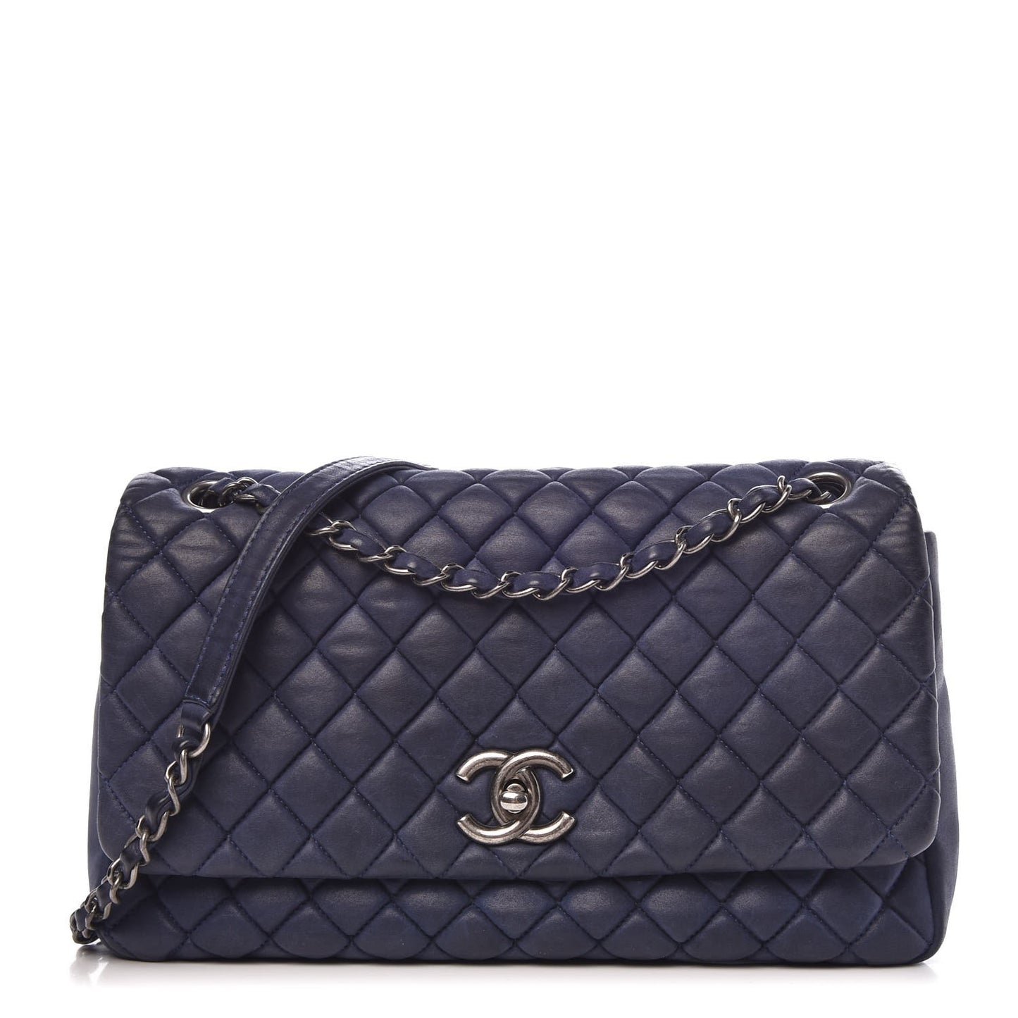 Iridescent Calfskin Quilted Large New Bubble Flap Navy