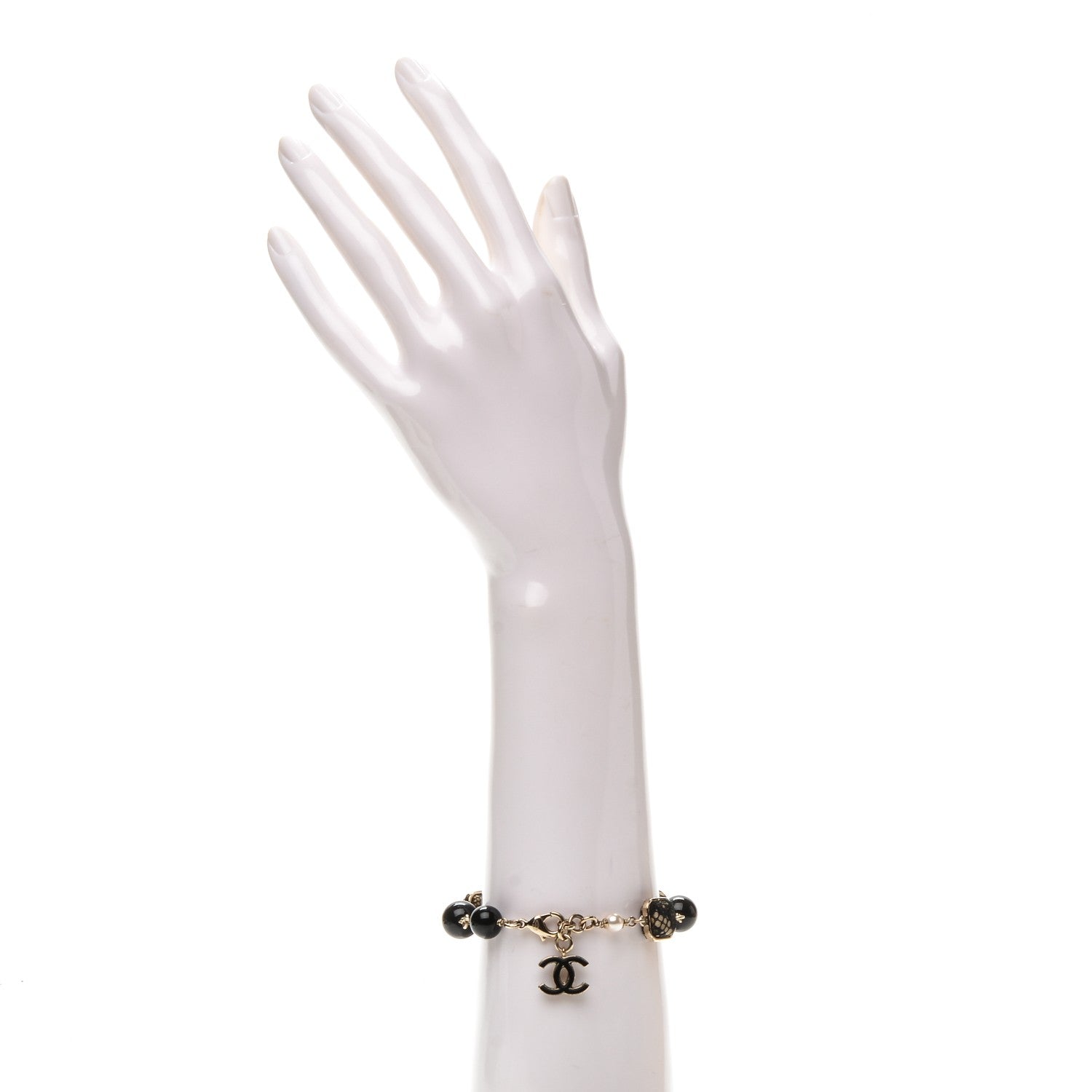 Chanel Lace Pearl Beaded CC Bracelet Black Gold 3 of 5
