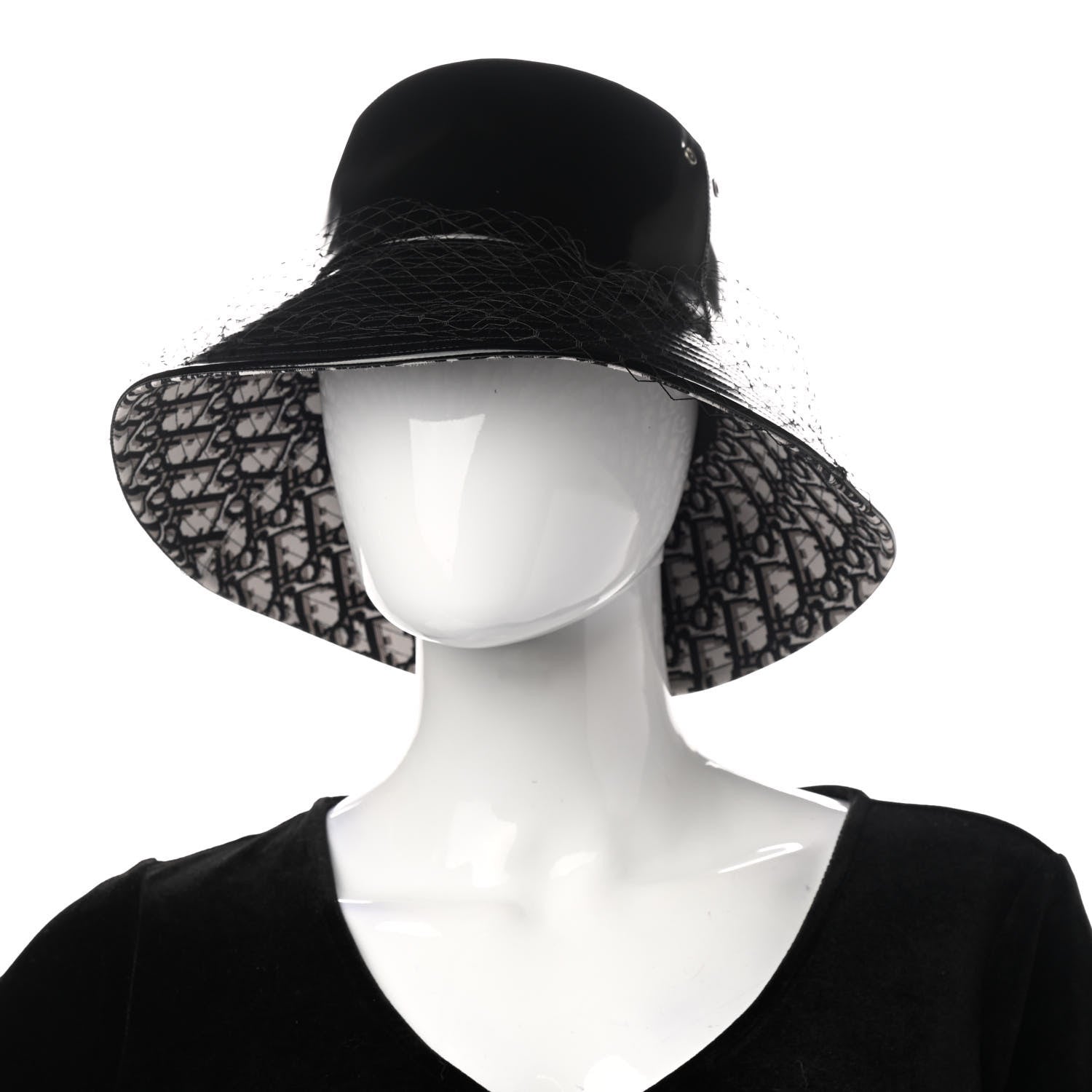 Christian Dior Patent Teddy-D Bob Bucket Hat with Veil 56 Black 2 of 8