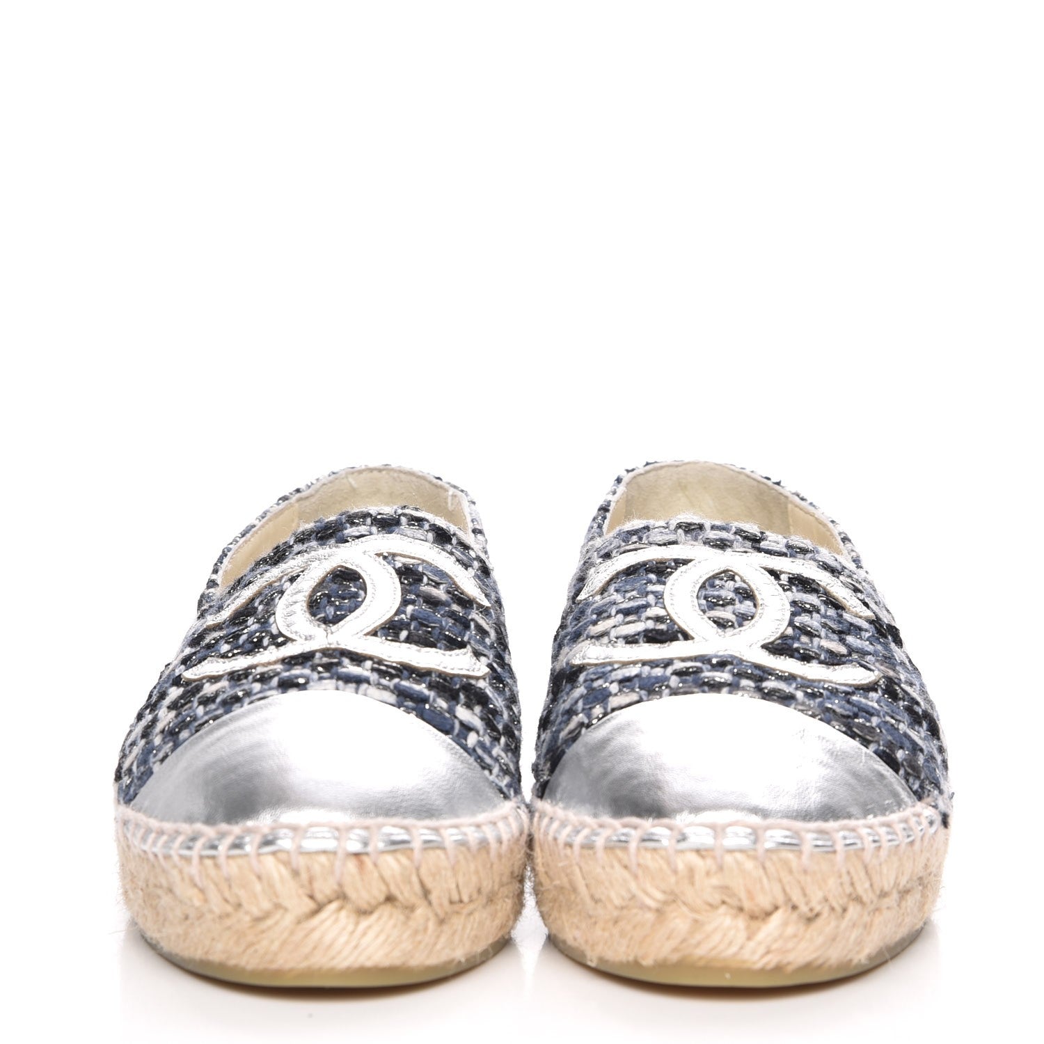 Chanel Metallic Tweed Lambskin CC Espadrilles 35 Blue Black Silver 2 of 9