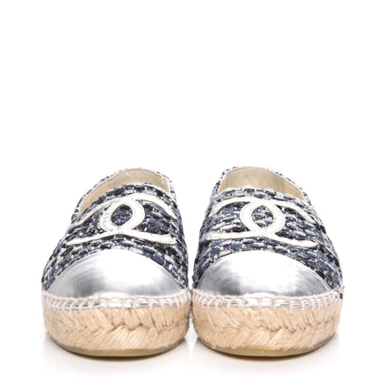 Chanel Metallic Tweed Lambskin CC Espadrilles 35 Blue Black Silver 2 of 9