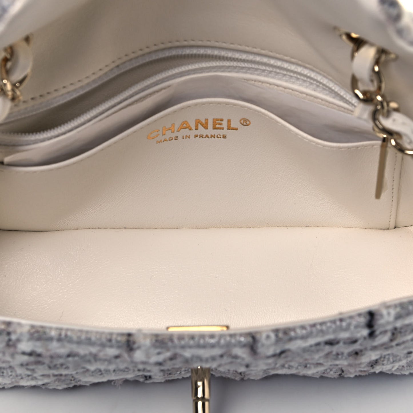 Tweed Quilted Mini Rectangular Flap White Grey