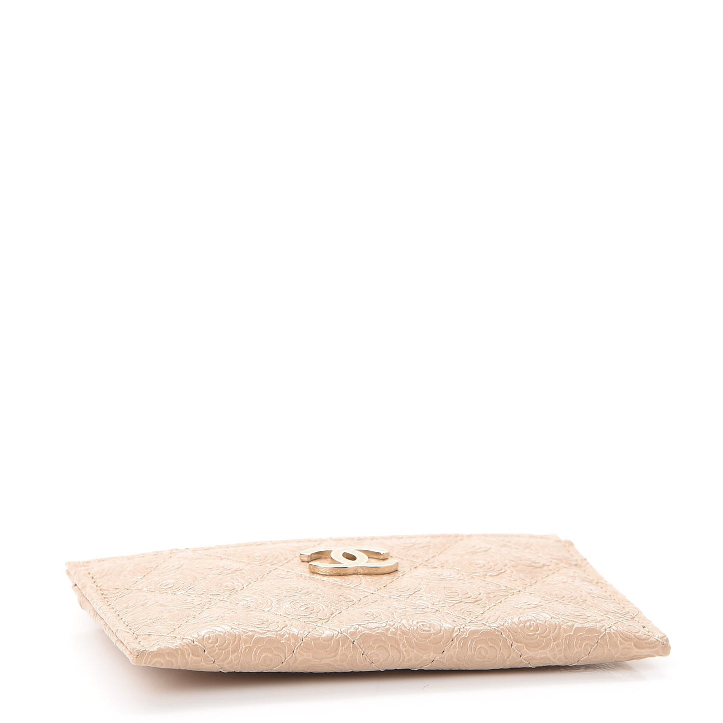 Camellia Calfskin Embossed Quilted Card Holder Beige