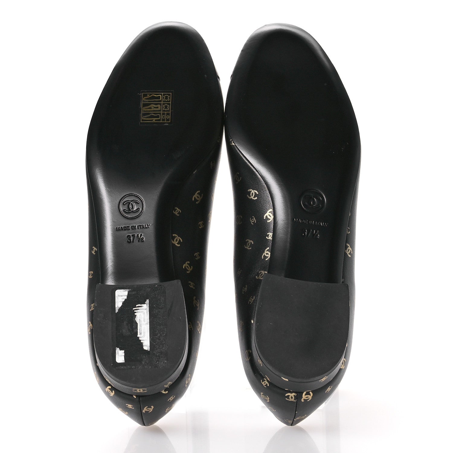 Chanel Lambskin Patent Calfskin Printed CC Cap Toe Ballerina Flats 37.5 Black Gold 6 of 9