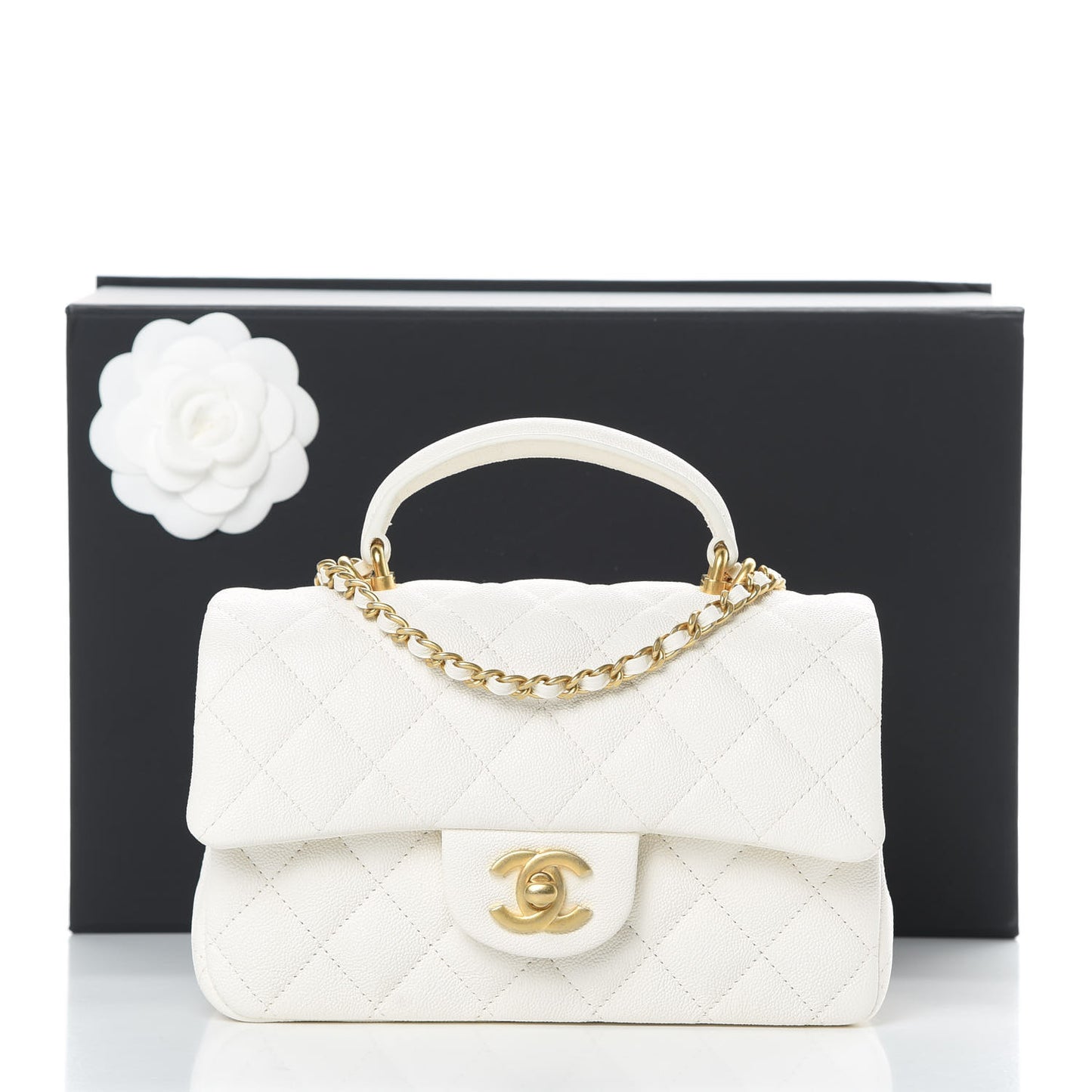 Caviar Quilted Mini Top Handle Rectangular Flap White