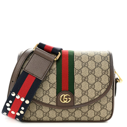 Gucci GG Supreme Monogram Textured Dollar Calfskin Web Studded Mini Ophidia Flap Shoulder Bag Beige Ebony New Acero 1 of 12