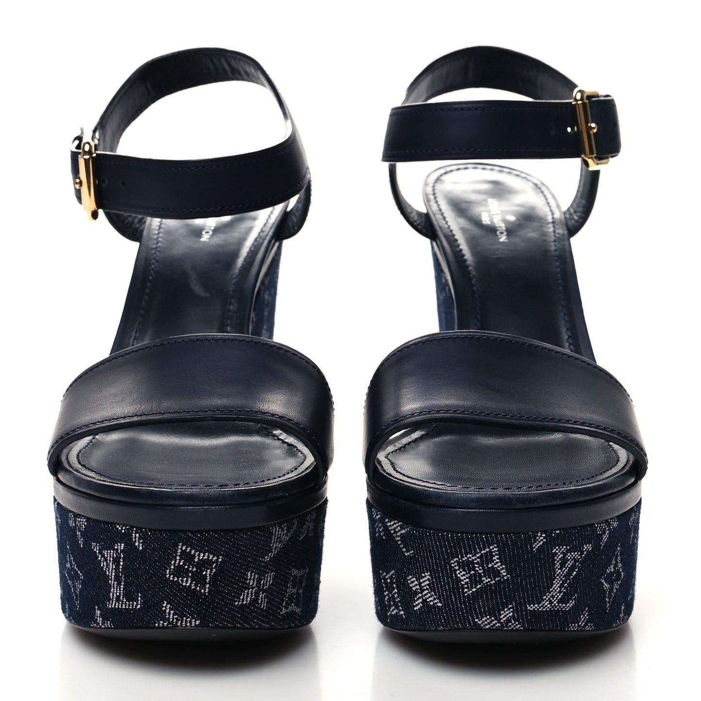 Calfskin Monogram Denim Waterfall Wedge Sandals 38 Blue