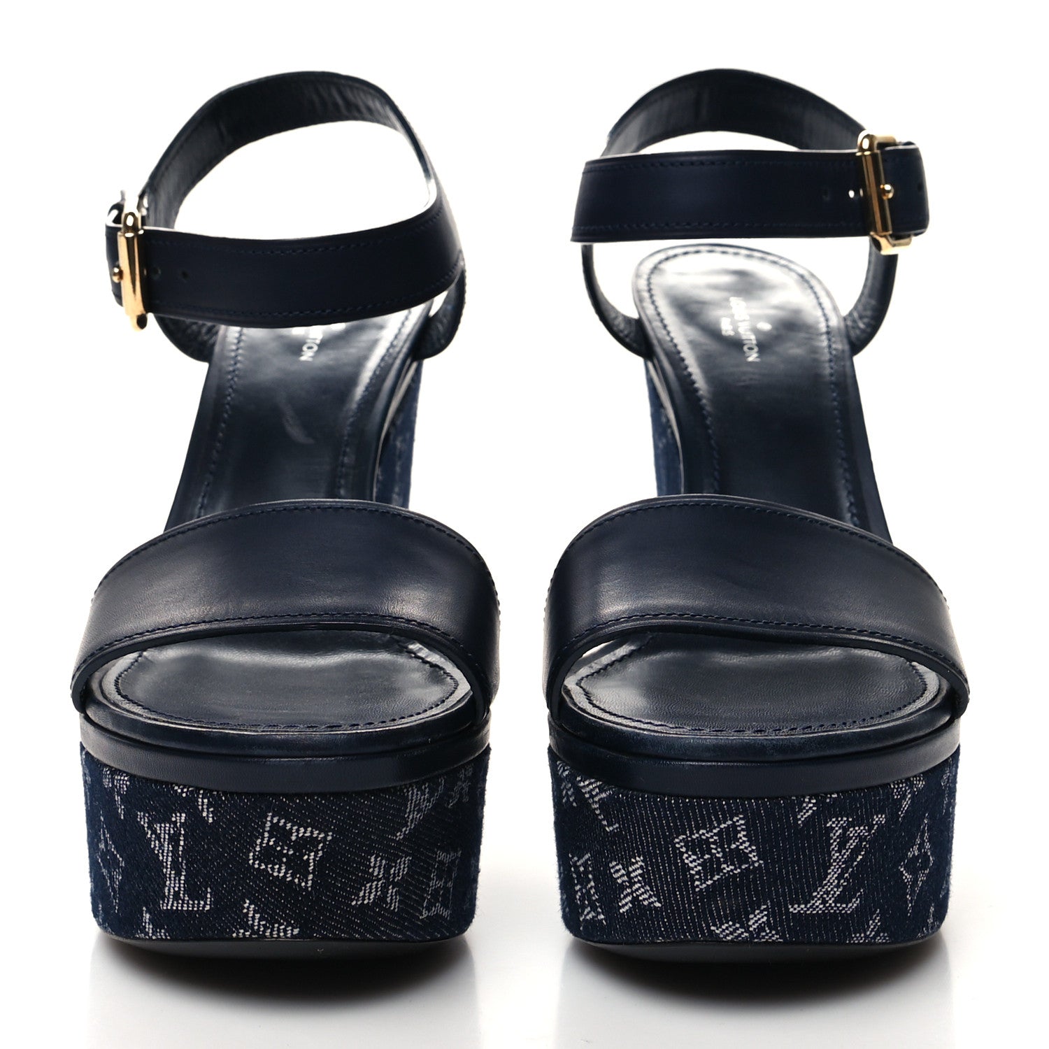 Louis Vuitton Calfskin Monogram Denim Waterfall Wedge Sandals 38 Blue 2 of 10