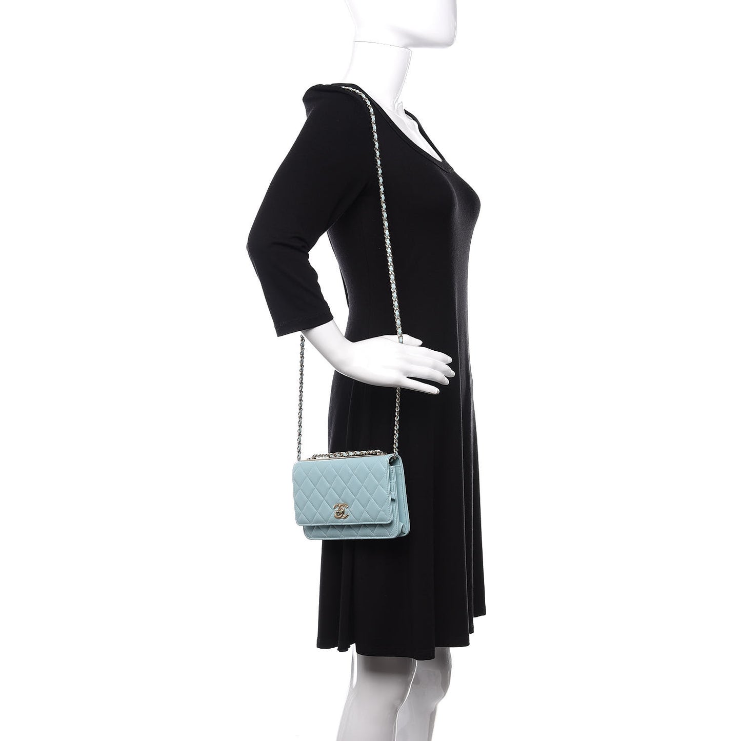 Lambskin Quilted Trendy CC Wallet On Chain WOC Light Blue