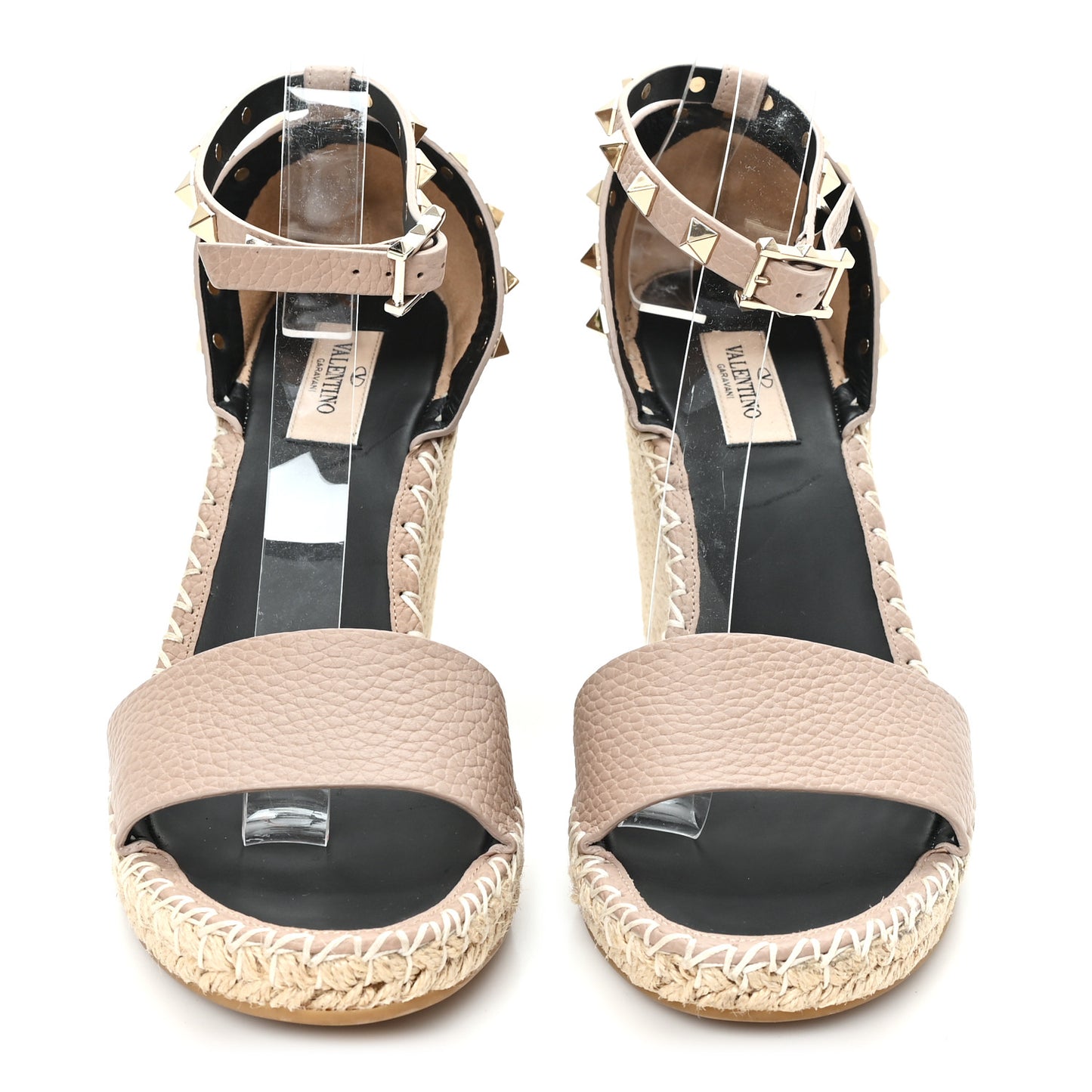 Grained Calfskin Rockstud Ankle Strap Espadrille 15/105mm Wedge Sandals 40 Poudre Natural