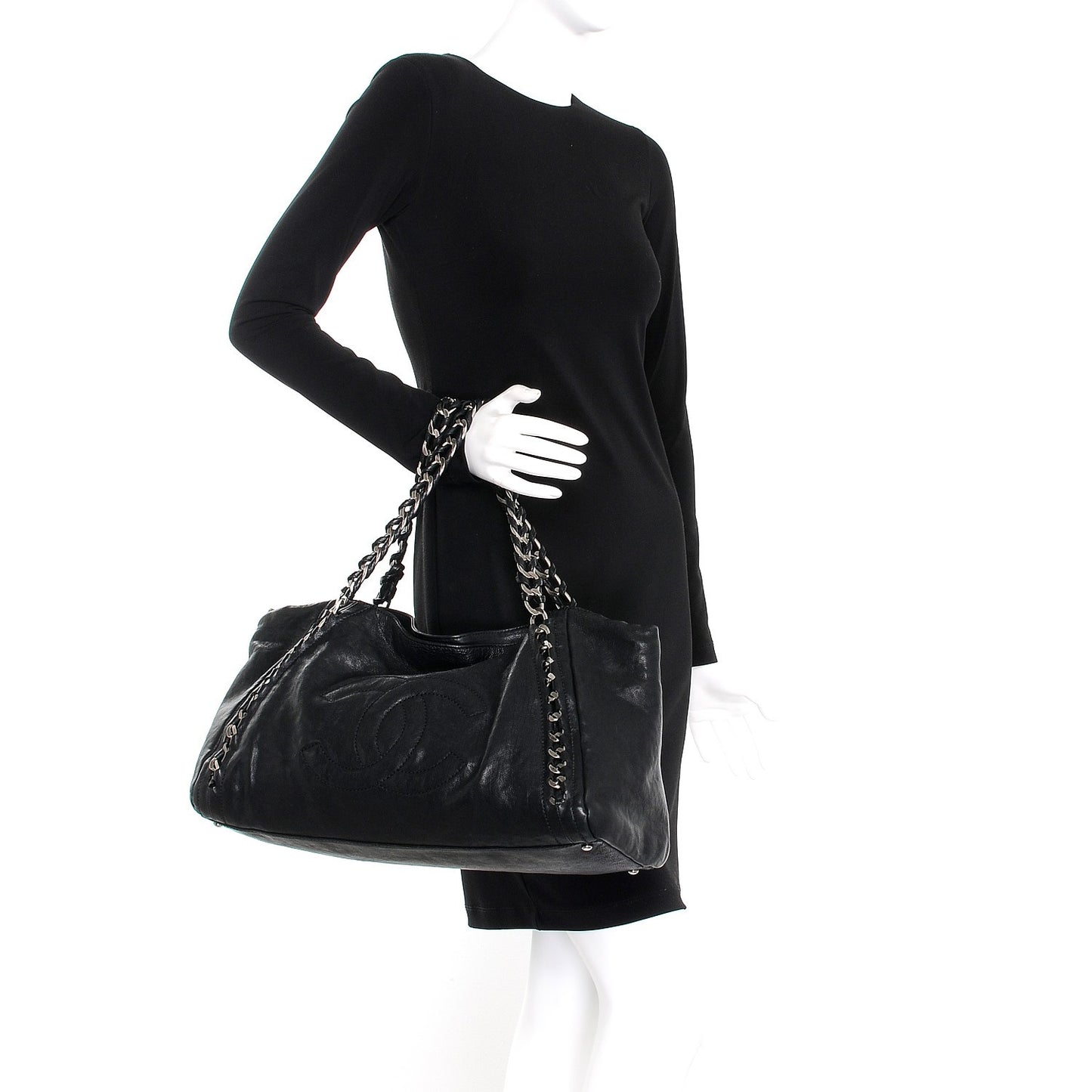 Glazed Calfskin East West Modern Chain Tote Black