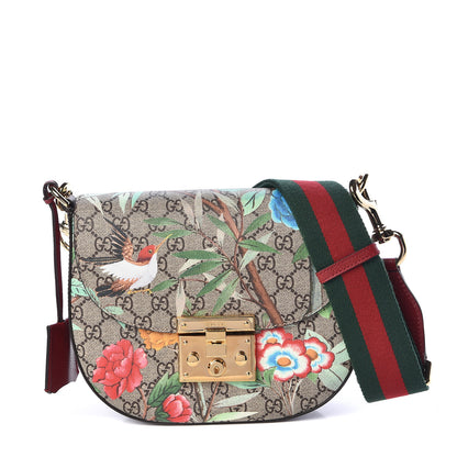 Gucci GG Supreme Monogram Tian Web Medium Padlock Messenger Shoulder Bag Beige Multicolor New Acero 1 of 9