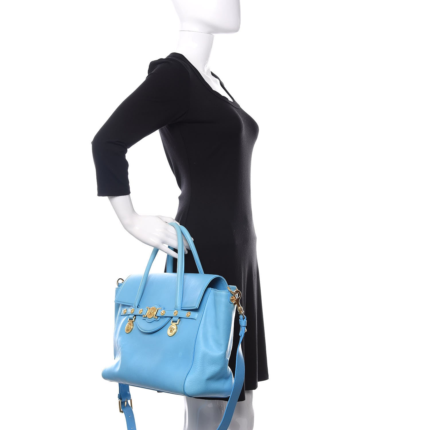 Versace Calfskin Large Signature Satchel Blue 3 of 14