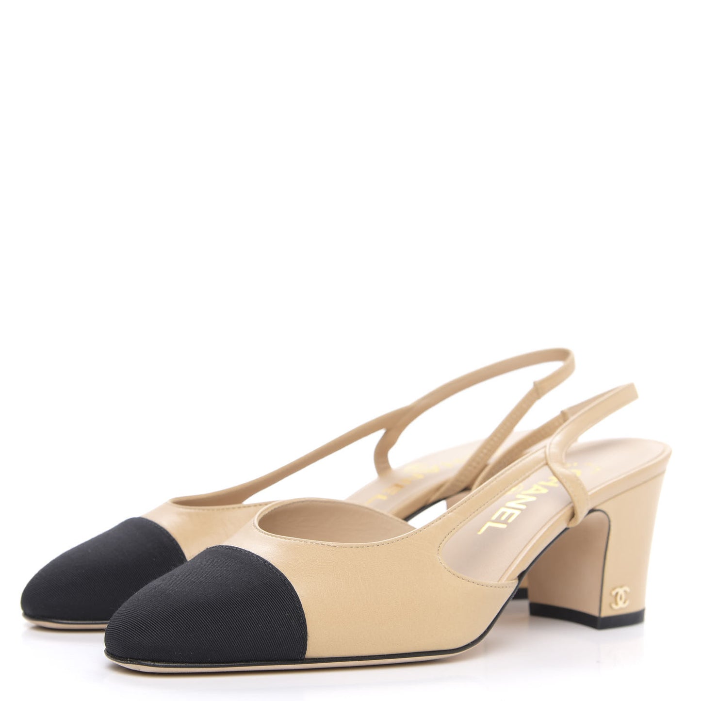 Goatskin Grosgrain Cap Toe CC Slingback Pumps 37.5 Beige Black