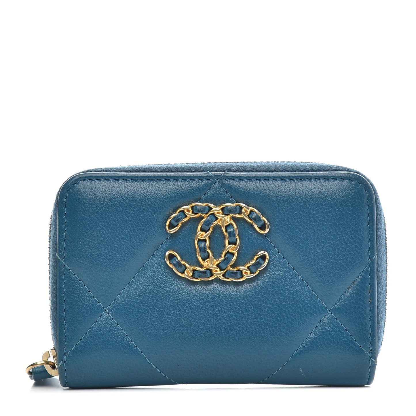 Goatskin Quilted Chanel 19 Zip Around Coin Purse Wallet Turquoise