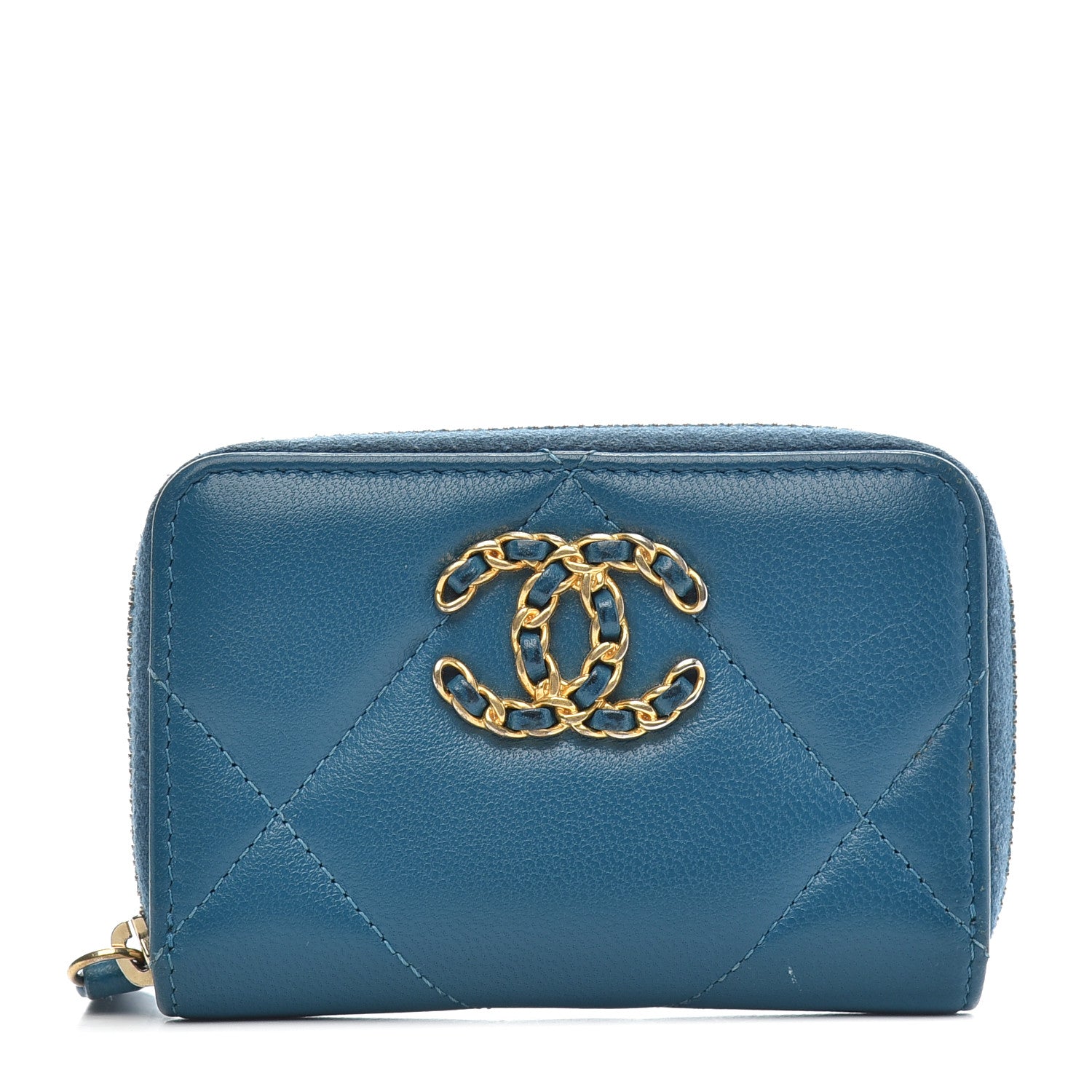 Chanel Goatskin Quilted Chanel 19 Zip Around Coin Purse Wallet Turquoise 1 of 7