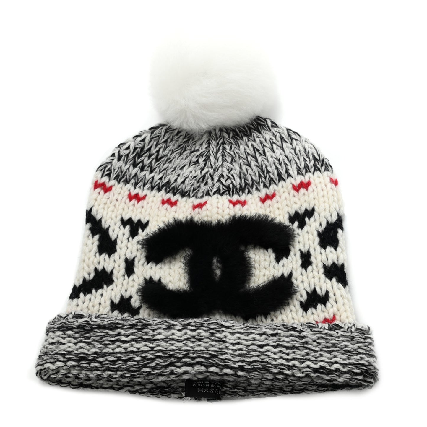 Wool Shearling CC Beanie Hat Ivory Black Red