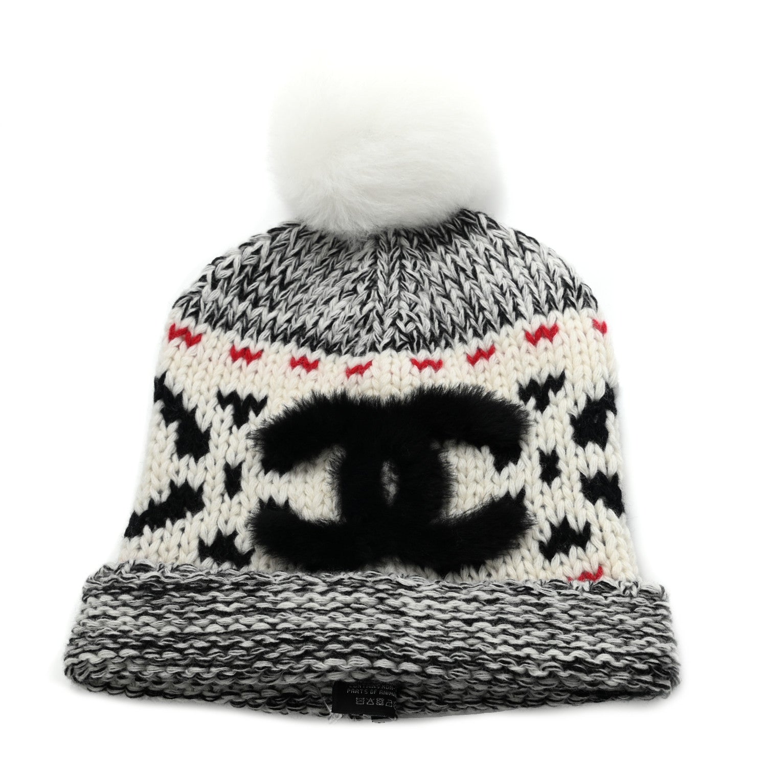 Chanel Wool Shearling CC Beanie Hat Ivory Black Red 1 of 7