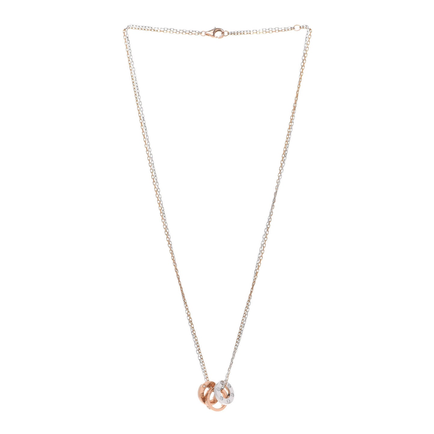 18K White Pink Gold Diamond Three Ring LOVE Pendant Necklace