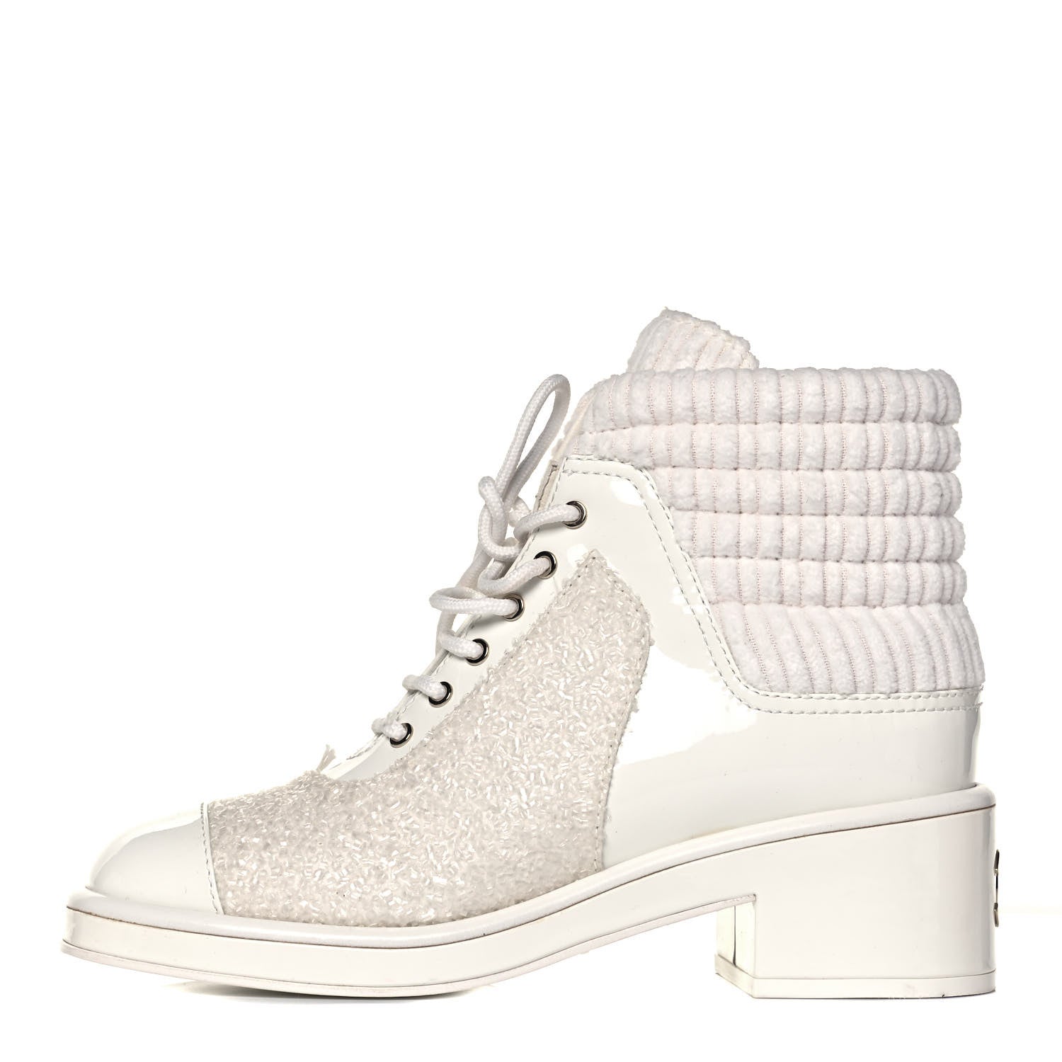 Chanel Tweed Patent Calfskin Velvet Lace Up Boots 39 White 1 of 8