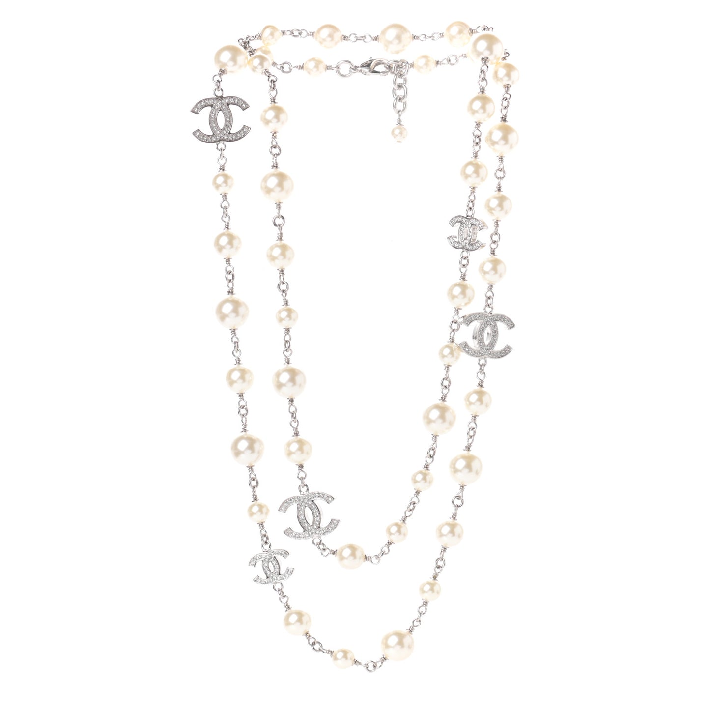 Crystal Pearl CC Long Necklace Silver