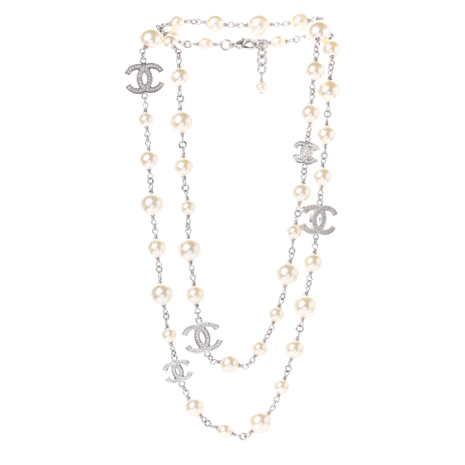 Chanel Crystal Pearl CC Long Necklace Silver 3 of 4