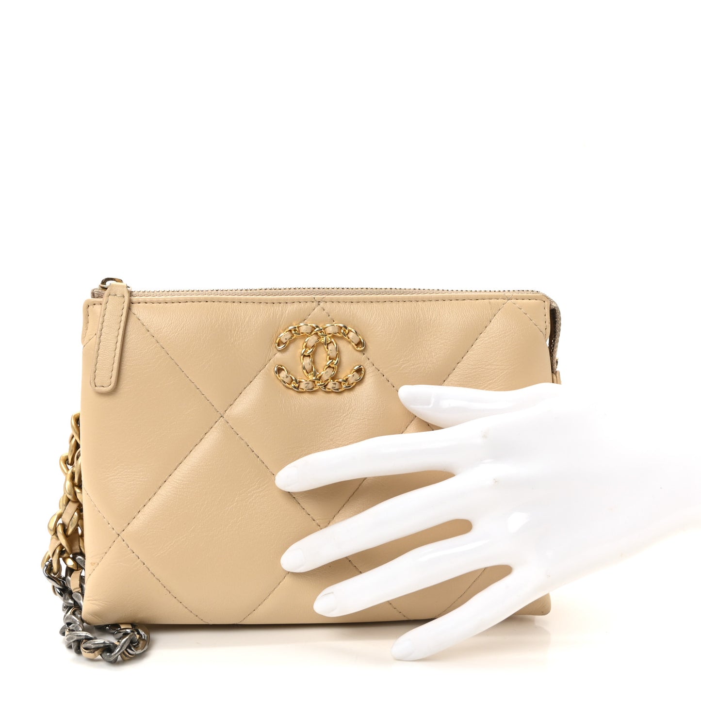 Shiny Goatskin Quilted Chanel 19 Small Pouch With Handle Beige
