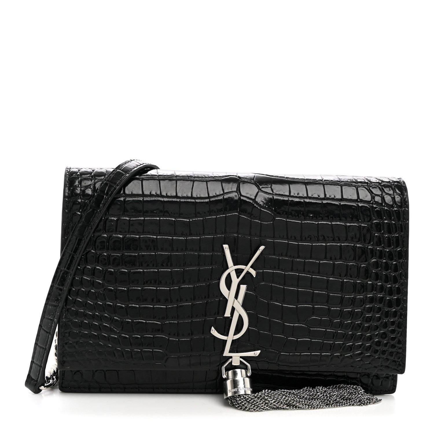 Saint Laurent Calfskin Crocodile Embossed Kate Monogram Tassel Chain Wallet Black 1 of 11