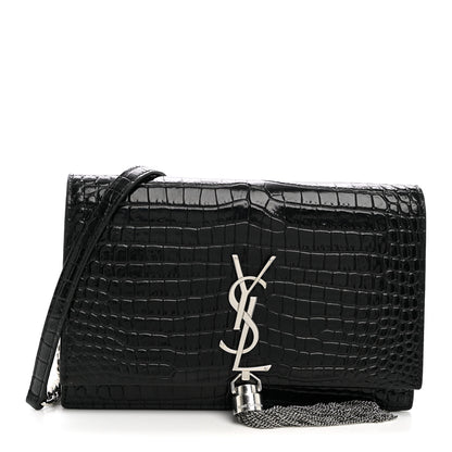 Saint Laurent Calfskin Crocodile Embossed Kate Monogram Tassel Chain Wallet Black 1 of 11