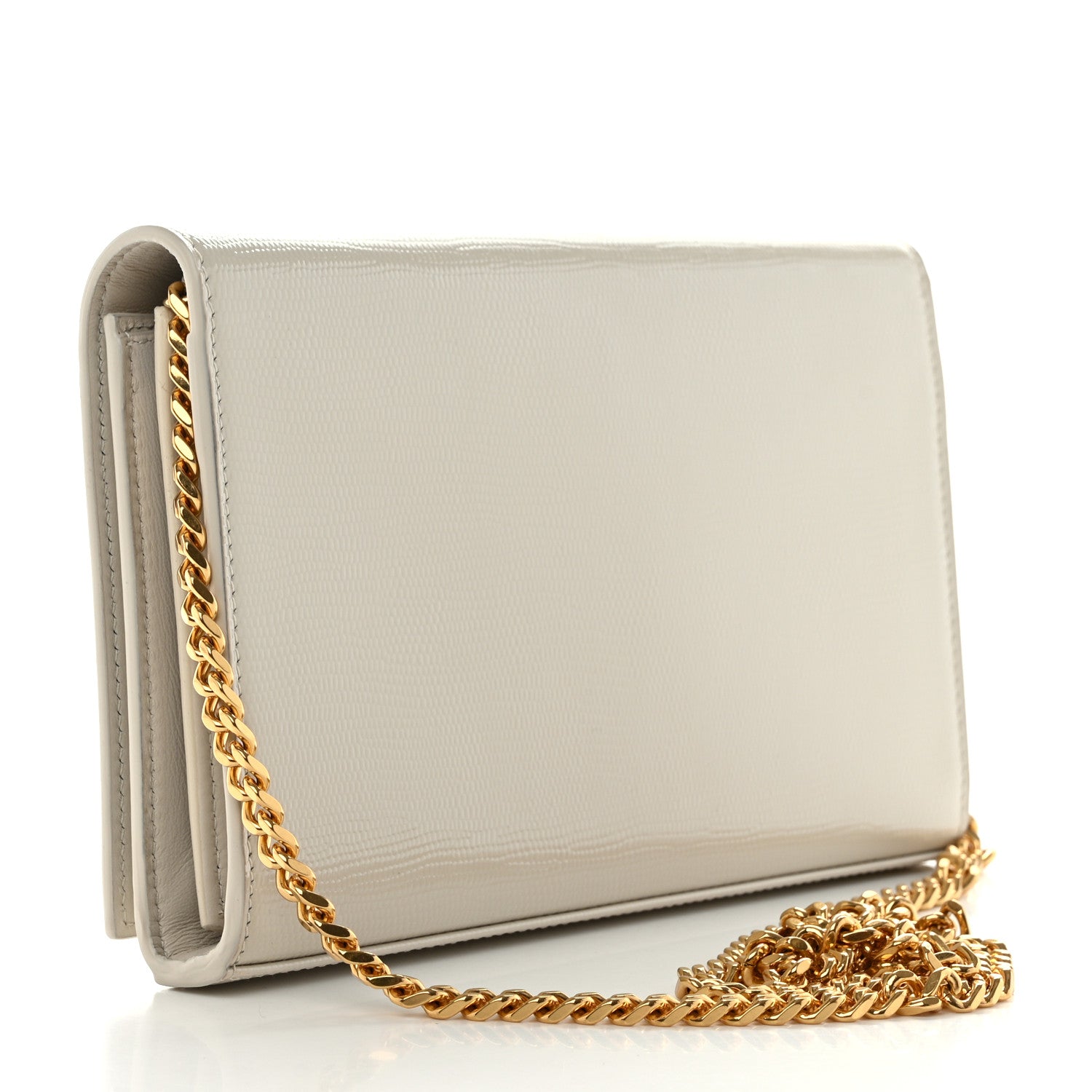 Saint Laurent Calfskin Lizard Embossed Cassandre Wallet On Chain WOC Crema Soft 3 of 12