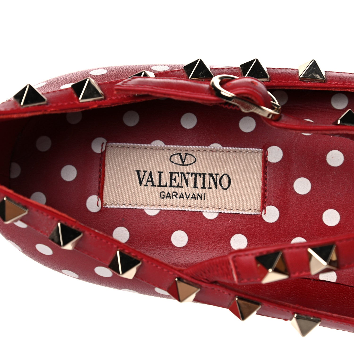 Valentino Garavani Calfskin Polka Dot Print Rockstud Cage Ballerina Flats 37.5 Red White 8 of 11