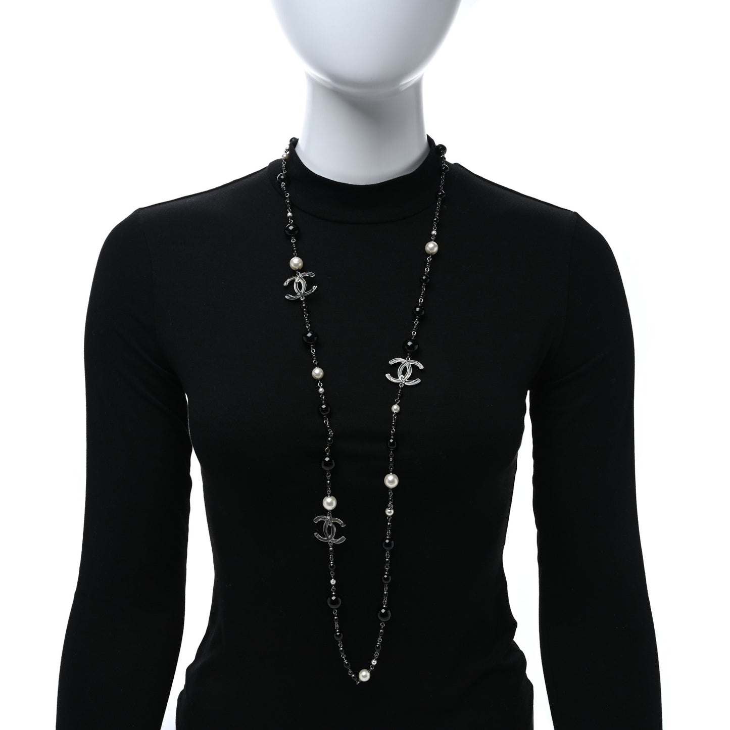 Ruthenium Pearl Beaded CC Long Necklace Black
