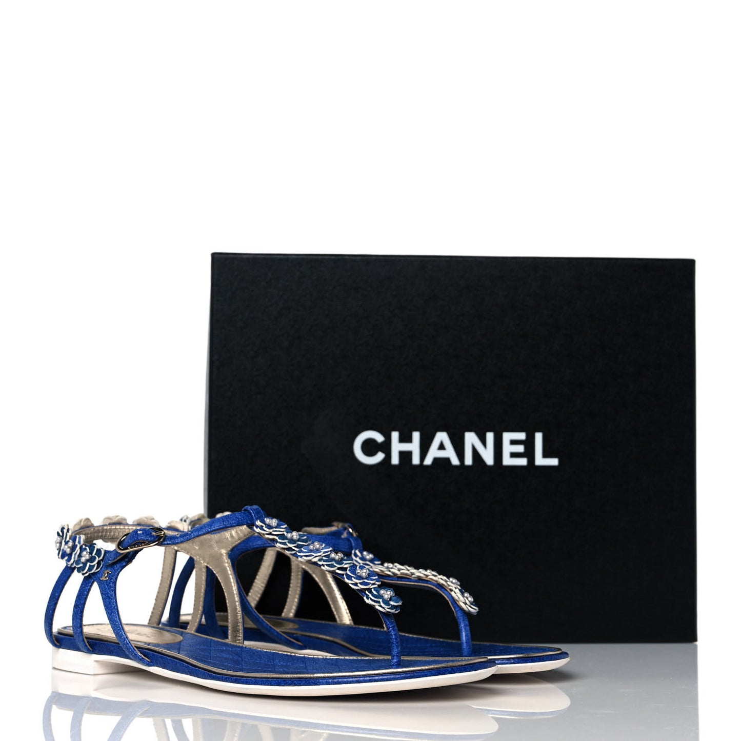 Goatskin Pearl Camellia Thong Sandals 39.5 Dark Blue