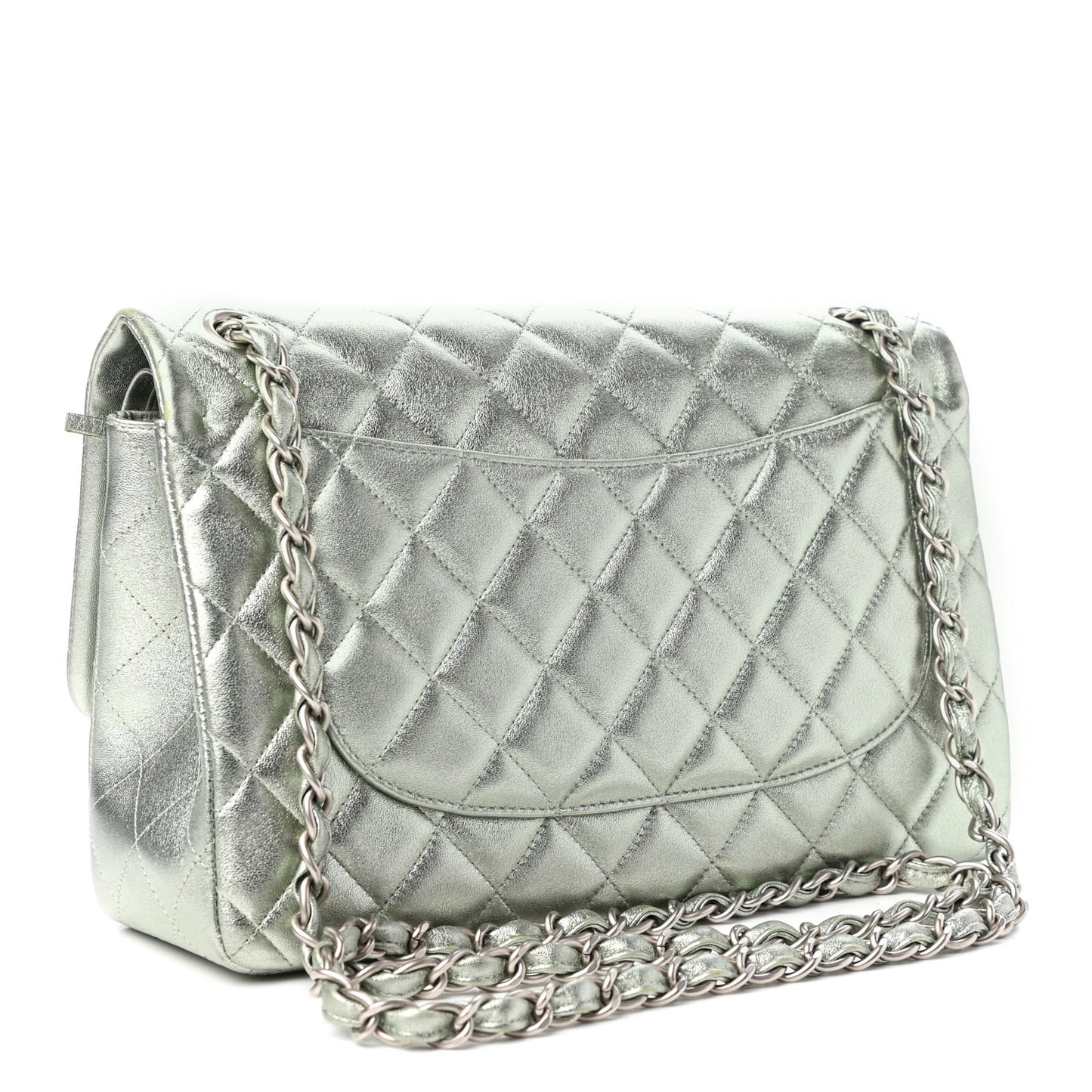 Metallic Lambskin Quilted Jumbo Double Flap Green