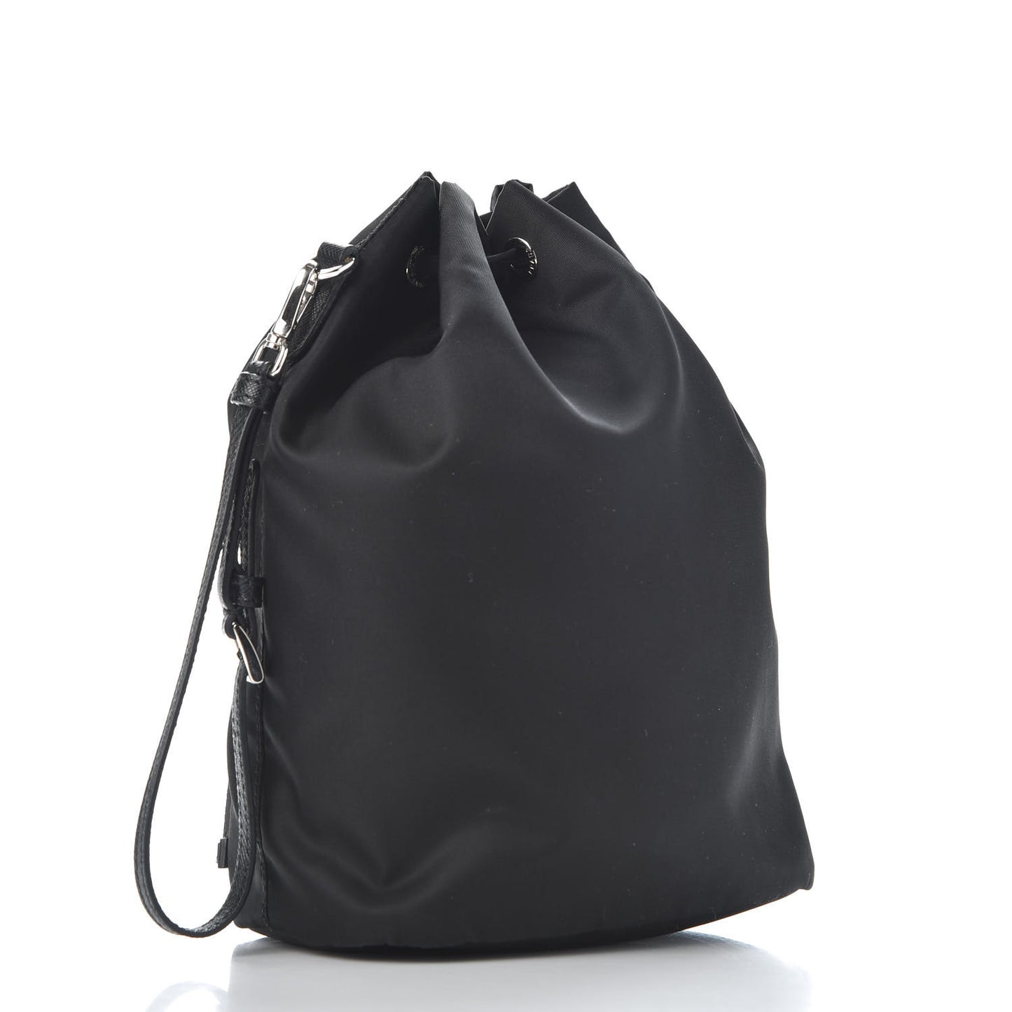 Saffiano Tessuto Nylon Vela Lettering Bucket Wristlet Black